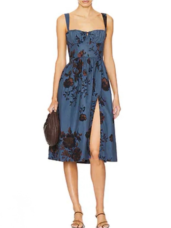 Free People Dresses & Skirts - FREE PEOPLE Laters Baby Midi Dress Storm Blue Brown Milkmaid Cinch Bust Size M